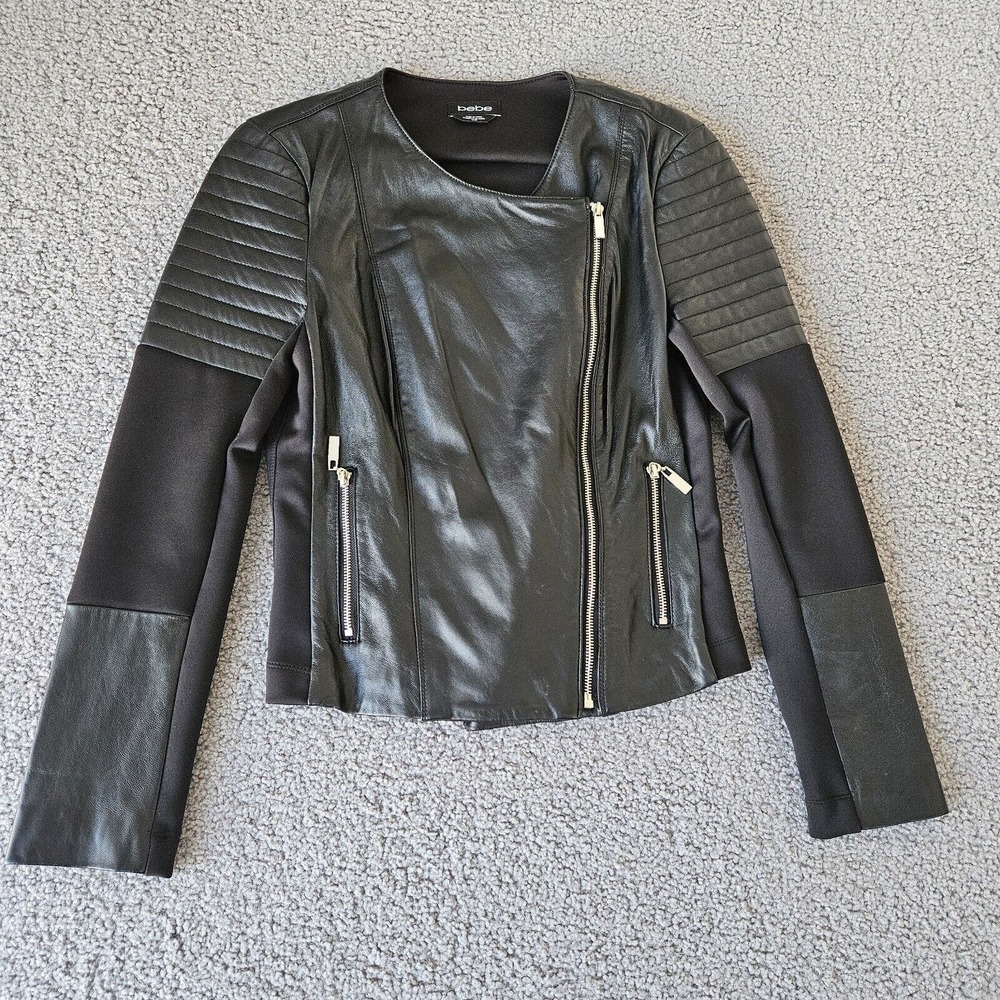 bebe Black Leather Moto Jacket with Quilted Shoulders